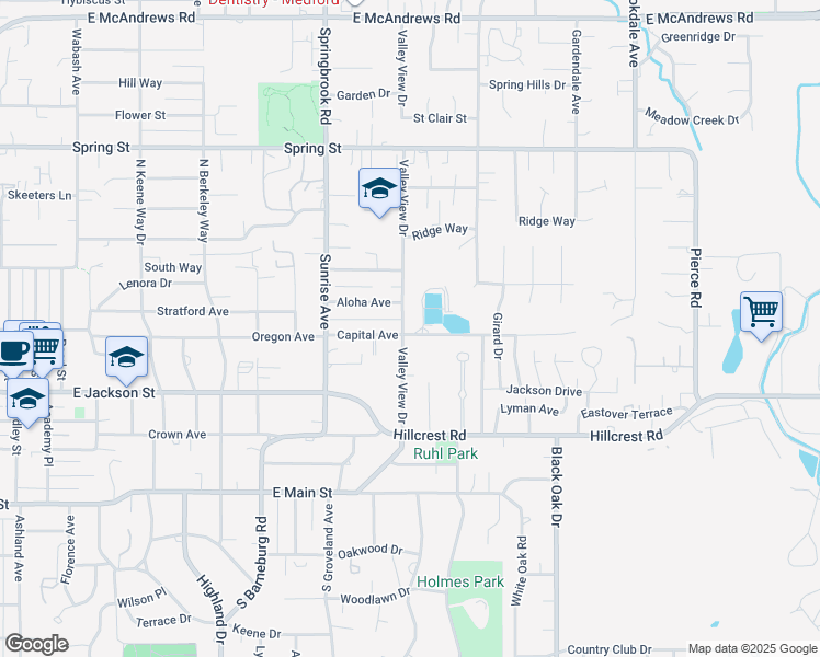 map of restaurants, bars, coffee shops, grocery stores, and more near 2301 Capital Avenue in Medford