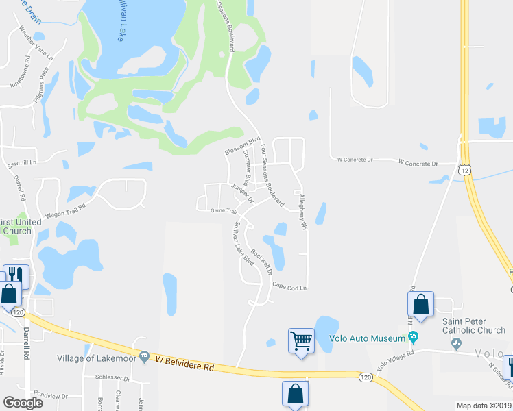 map of restaurants, bars, coffee shops, grocery stores, and more near 450 Sullivan Lake Boulevard in Lakemoor