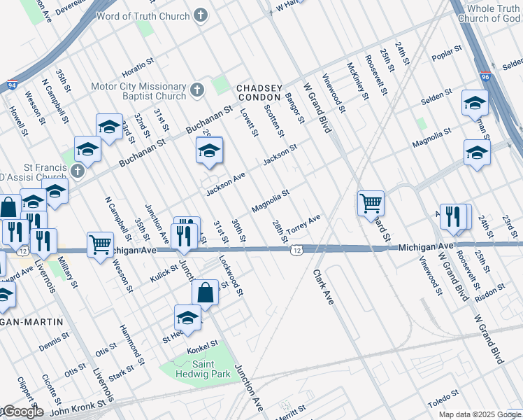 map of restaurants, bars, coffee shops, grocery stores, and more near 3605 28th Street in Detroit
