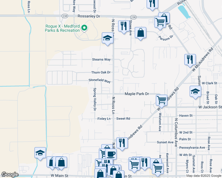 map of restaurants, bars, coffee shops, grocery stores, and more near 2326 Kamerin Lane in Medford