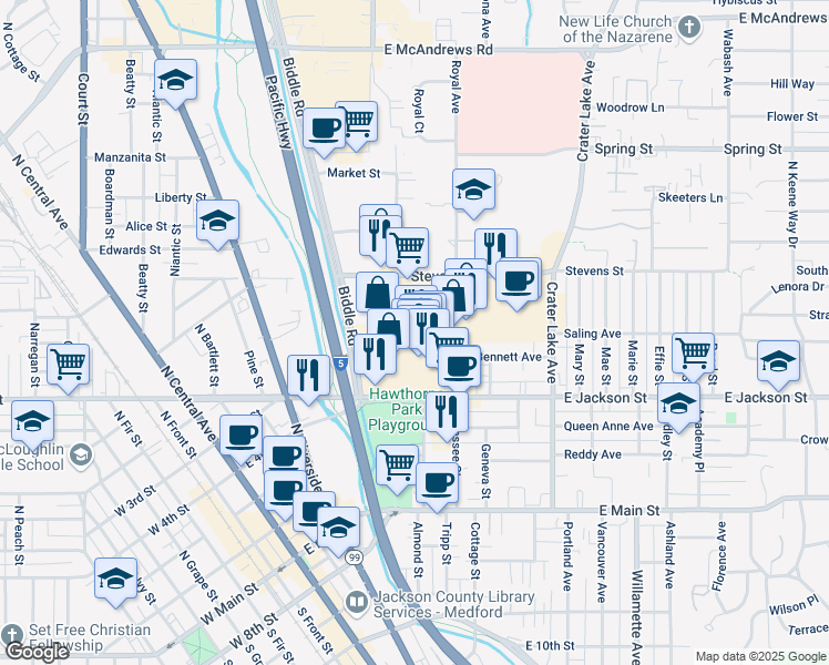 map of restaurants, bars, coffee shops, grocery stores, and more near 567 Medford Center in Medford