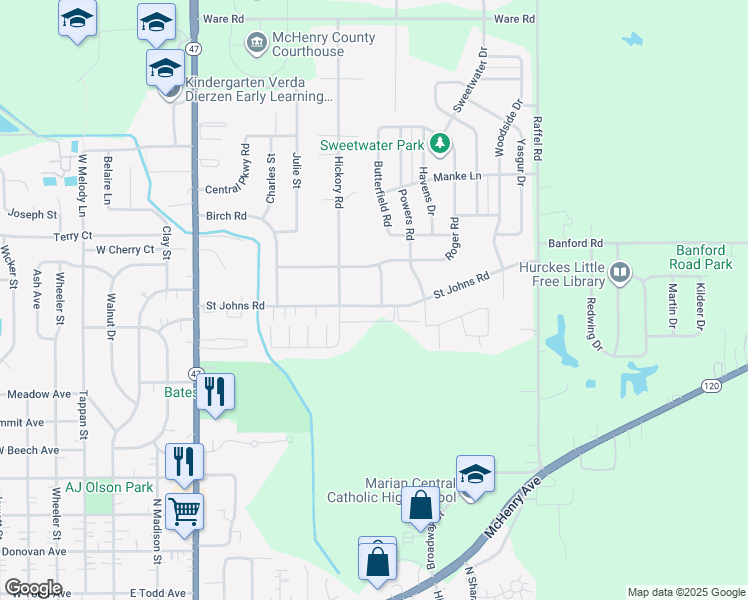 map of restaurants, bars, coffee shops, grocery stores, and more near 1601 Poplar Lane in Woodstock