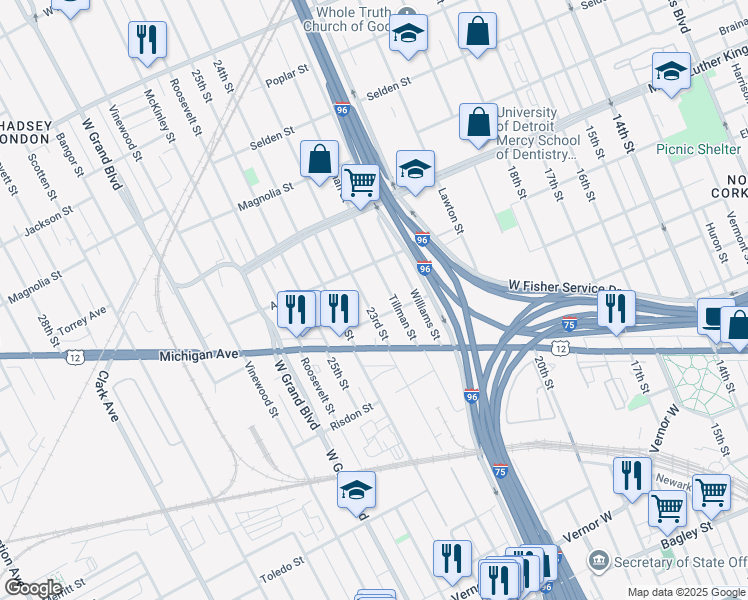 map of restaurants, bars, coffee shops, grocery stores, and more near 3040 23rd Street in Detroit