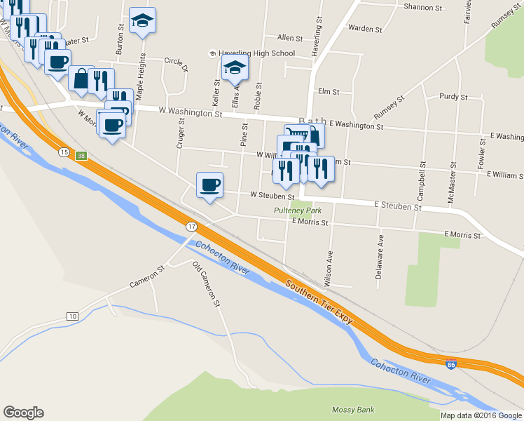 map of restaurants, bars, coffee shops, grocery stores, and more near 16 West Morris Street in Bath