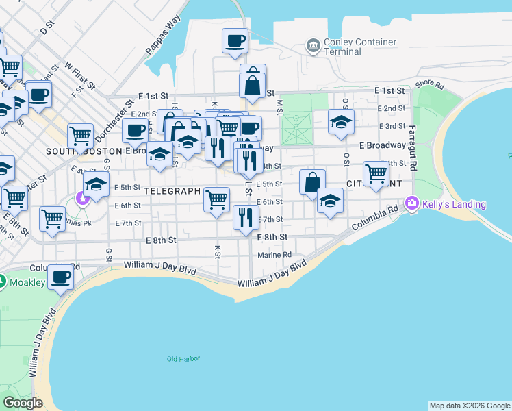 map of restaurants, bars, coffee shops, grocery stores, and more near 139 L Street in Boston