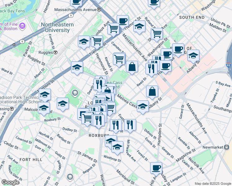 map of restaurants, bars, coffee shops, grocery stores, and more near Melnea Cass Boulevard in Boston