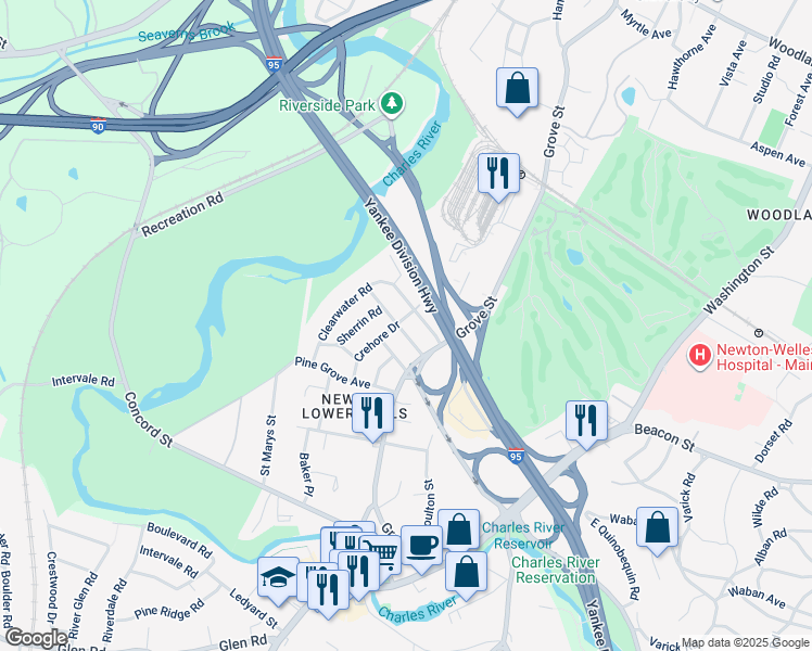 map of restaurants, bars, coffee shops, grocery stores, and more near 44 Pierrepont Road in Newton