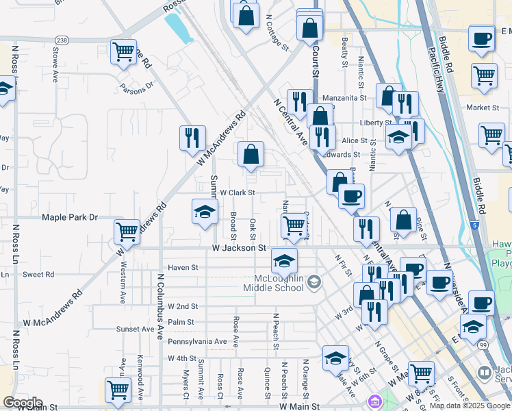 map of restaurants, bars, coffee shops, grocery stores, and more near 818 Oak Street in Medford