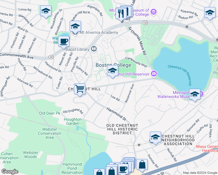 map of restaurants, bars, coffee shops, grocery stores, and more near 246 Beacon Street in Newton