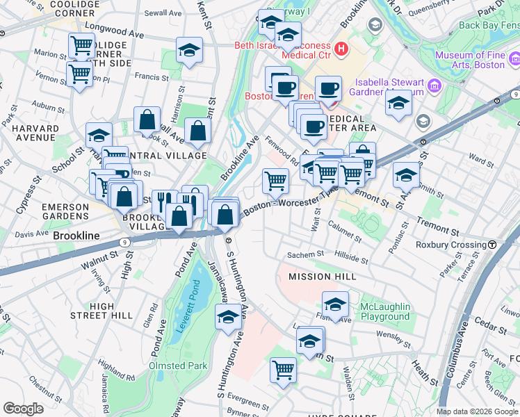 map of restaurants, bars, coffee shops, grocery stores, and more near 852 Huntington Avenue in Boston