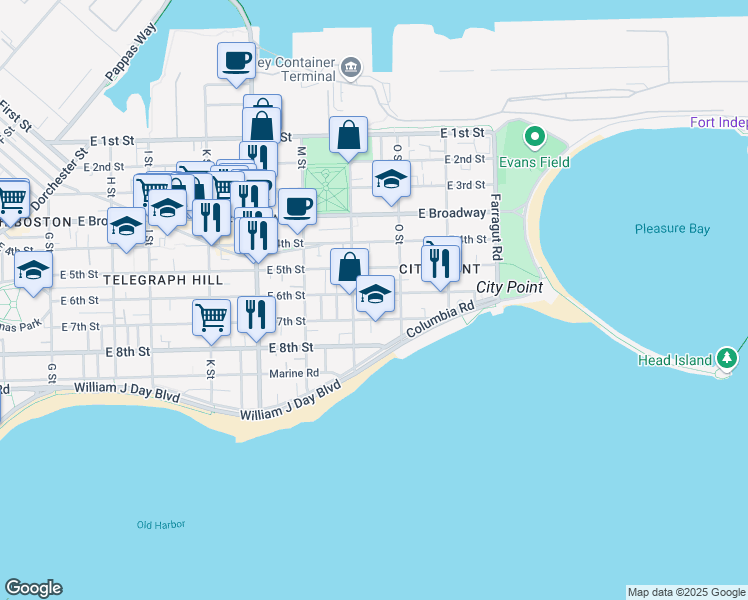 map of restaurants, bars, coffee shops, grocery stores, and more near 741 East 6th Street in Boston