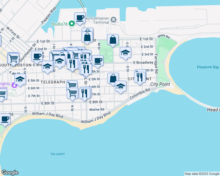 map of restaurants, bars, coffee shops, grocery stores, and more near 697 East 6th Street in Boston