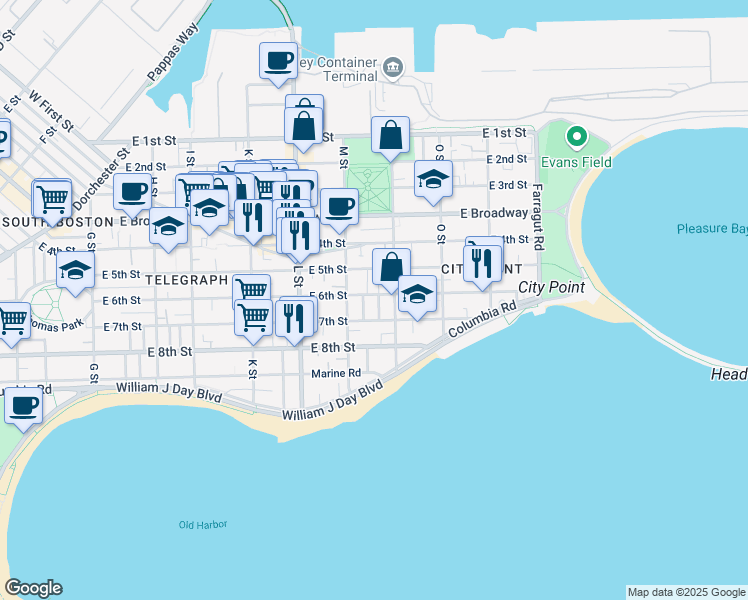 map of restaurants, bars, coffee shops, grocery stores, and more near 697 East 6th Street in Boston
