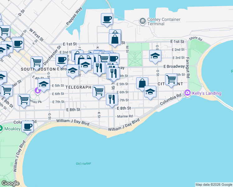 map of restaurants, bars, coffee shops, grocery stores, and more near 139 L Street in Boston