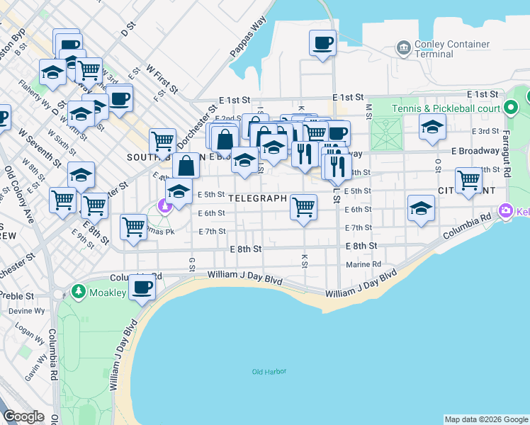 map of restaurants, bars, coffee shops, grocery stores, and more near 151 I Street in Boston