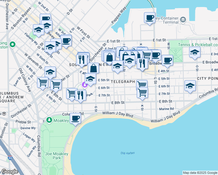 map of restaurants, bars, coffee shops, grocery stores, and more near 145 H Street in Boston