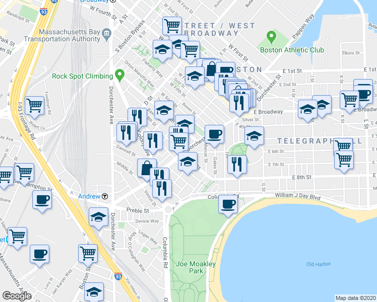 map of restaurants, bars, coffee shops, grocery stores, and more near 2 Telegraph Street in Boston