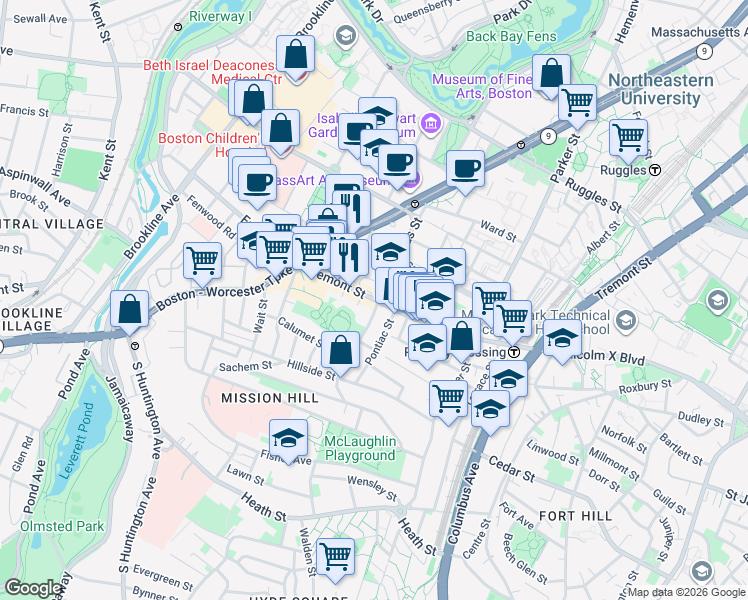 map of restaurants, bars, coffee shops, grocery stores, and more near in Boston