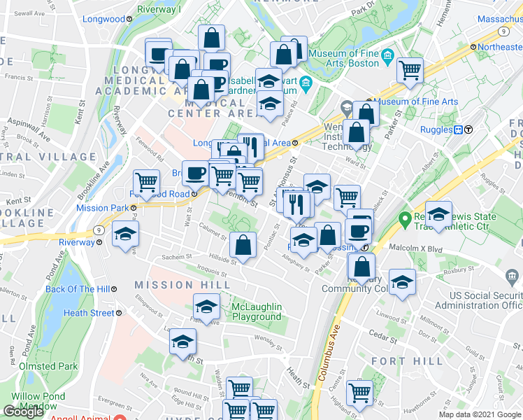 map of restaurants, bars, coffee shops, grocery stores, and more near in Boston