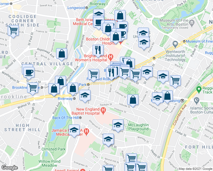 map of restaurants, bars, coffee shops, grocery stores, and more near 800 Huntington Avenue in Boston