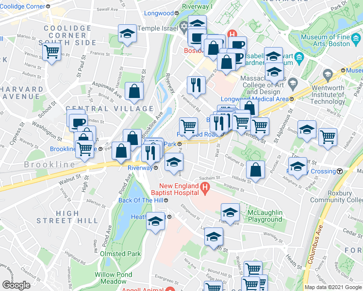 map of restaurants, bars, coffee shops, grocery stores, and more near 2 Shepherd Avenue in Boston