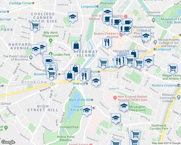map of restaurants, bars, coffee shops, grocery stores, and more near 852 Huntington Avenue in Boston