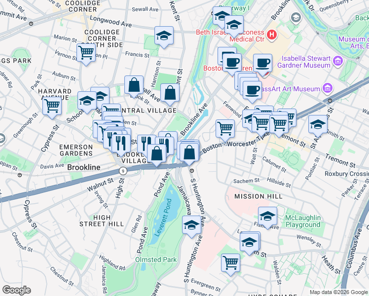 map of restaurants, bars, coffee shops, grocery stores, and more near 382 Riverway in Boston