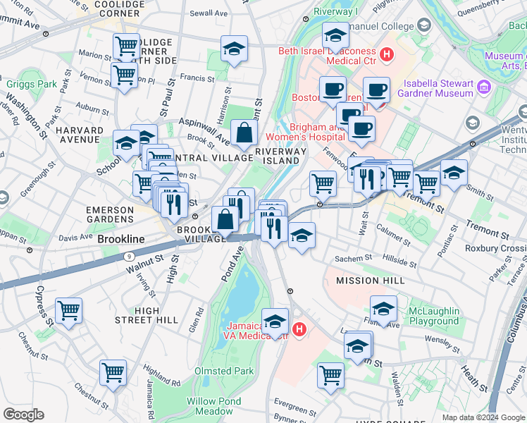 map of restaurants, bars, coffee shops, grocery stores, and more near 382 Riverway in Boston