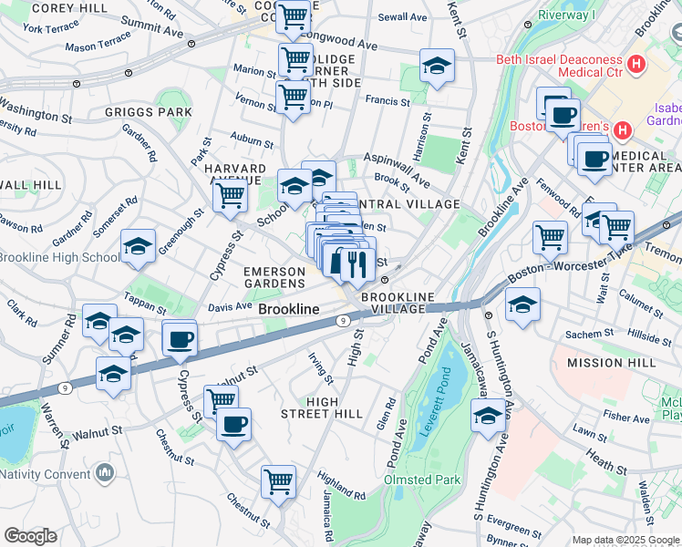 map of restaurants, bars, coffee shops, grocery stores, and more near 4 Station Street in Brookline