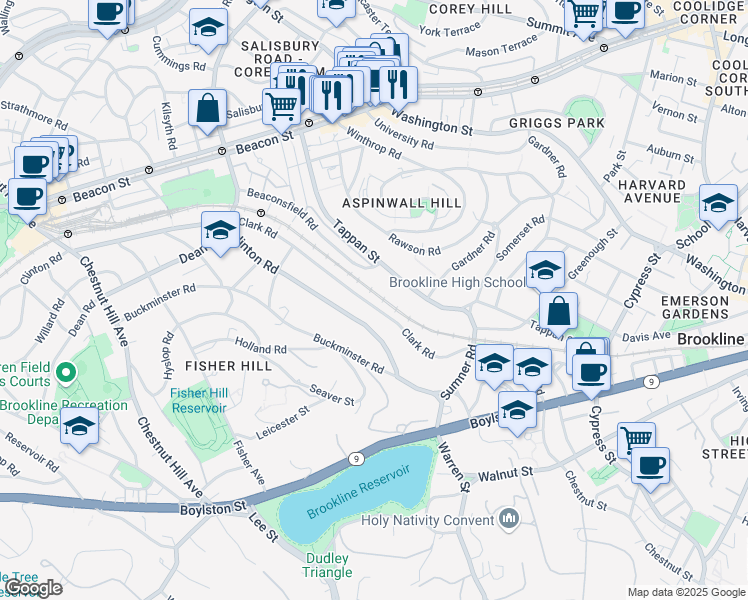 map of restaurants, bars, coffee shops, grocery stores, and more near 209 Clark Road in Brookline