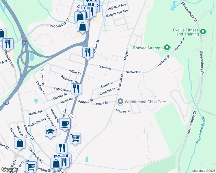 map of restaurants, bars, coffee shops, grocery stores, and more near 13 Eustis Street in Worcester