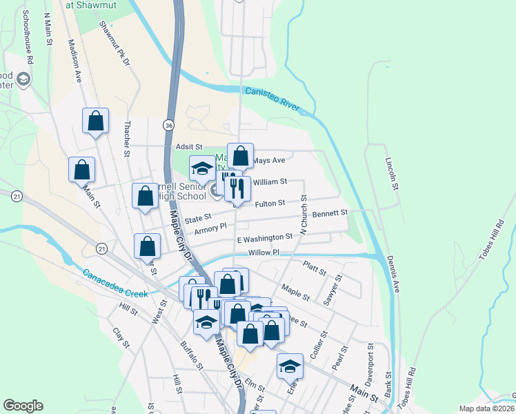 map of restaurants, bars, coffee shops, grocery stores, and more near 23-25 Fulton Street in Hornell