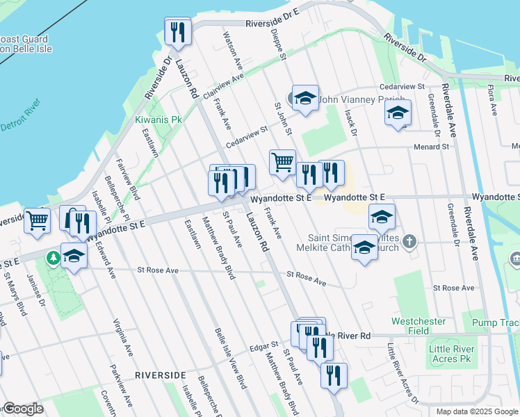 map of restaurants, bars, coffee shops, grocery stores, and more near 819 Frank Avenue in Windsor