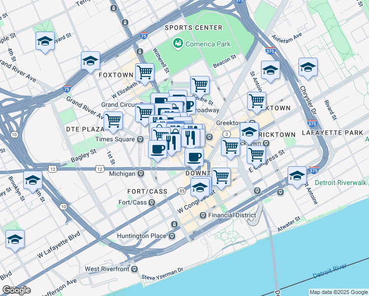map of restaurants, bars, coffee shops, grocery stores, and more near in Detroit