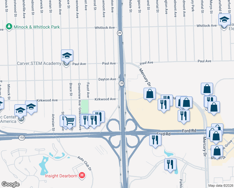 map of restaurants, bars, coffee shops, grocery stores, and more near 6031 Ashton Avenue in Detroit