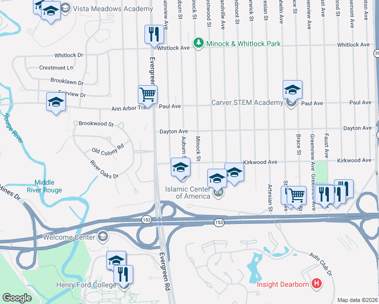 map of restaurants, bars, coffee shops, grocery stores, and more near 6036 Auburn Street in Detroit