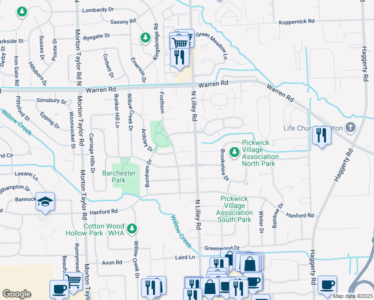 map of restaurants, bars, coffee shops, grocery stores, and more near 6626 Ardsley Court in Canton
