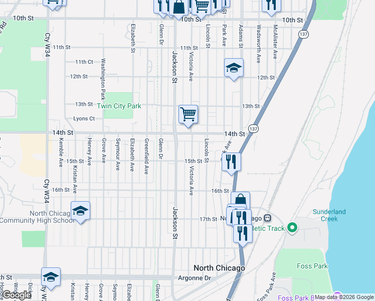 map of restaurants, bars, coffee shops, grocery stores, and more near 1425 Jackson Street in North Chicago