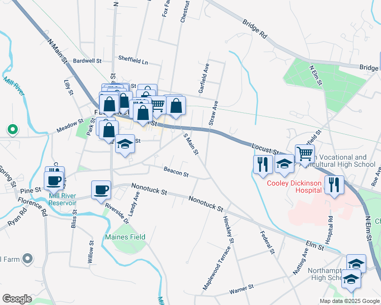 map of restaurants, bars, coffee shops, grocery stores, and more near 136 South Main Street in Northampton