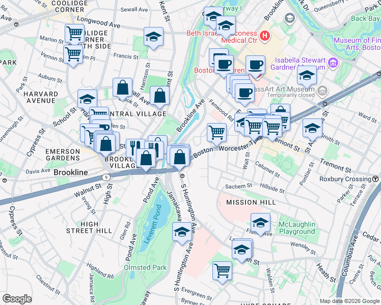 map of restaurants, bars, coffee shops, grocery stores, and more near 852 Huntington Avenue in Boston