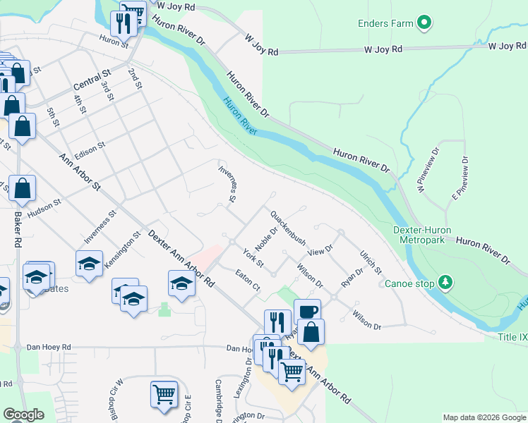 map of restaurants, bars, coffee shops, grocery stores, and more near 3630 Meadow View Drive in Dexter