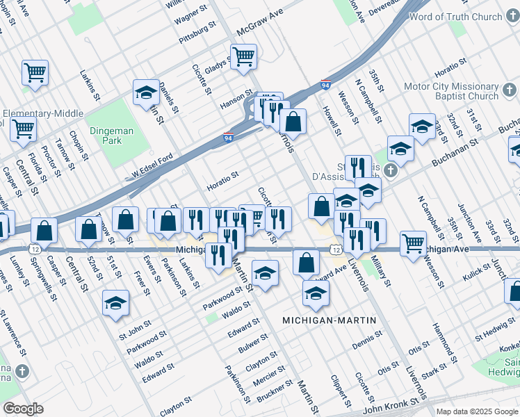 map of restaurants, bars, coffee shops, grocery stores, and more near 4650 Burton Street in Detroit