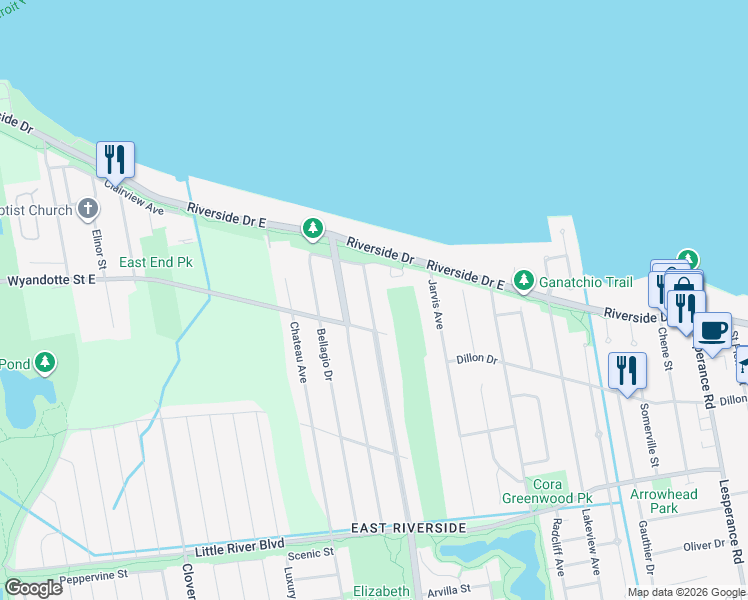map of restaurants, bars, coffee shops, grocery stores, and more near 562 Banwell Road in Windsor