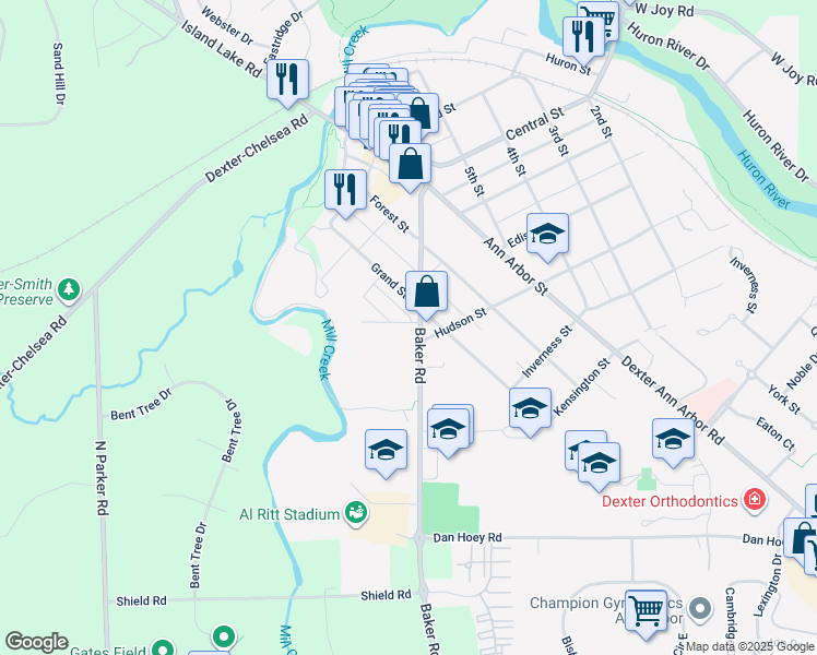 map of restaurants, bars, coffee shops, grocery stores, and more near 2937 Baker Rd in Dexter