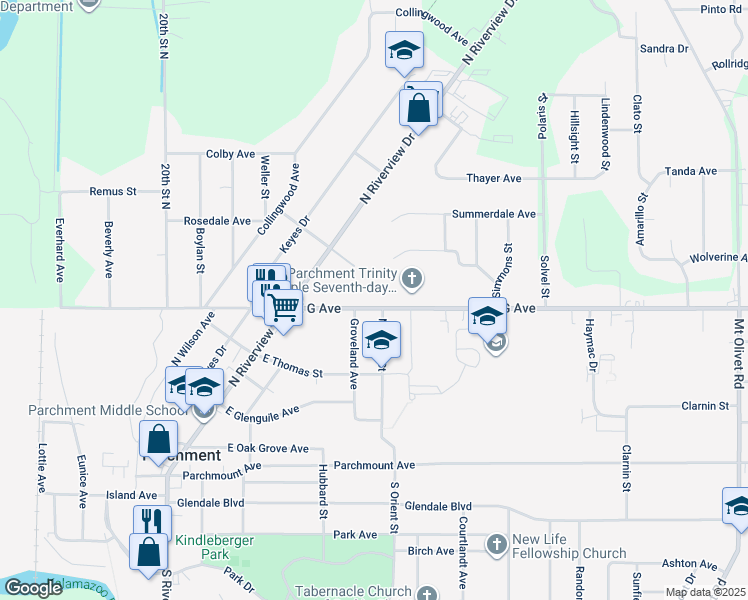 map of restaurants, bars, coffee shops, grocery stores, and more near 1471 East G Avenue in Kalamazoo