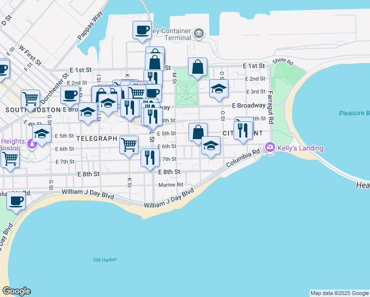 map of restaurants, bars, coffee shops, grocery stores, and more near 697 East 6th Street in Boston