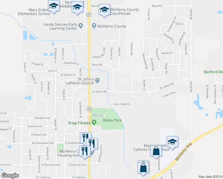map of restaurants, bars, coffee shops, grocery stores, and more near 583 Saint Johns Road in Woodstock