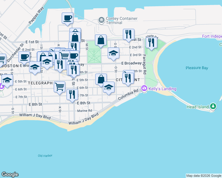 map of restaurants, bars, coffee shops, grocery stores, and more near 761 East 6th Street in Boston