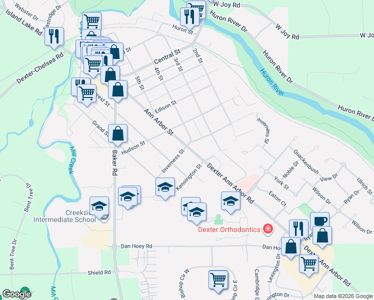 map of restaurants, bars, coffee shops, grocery stores, and more near 7581 Ann Arbor Street in Dexter