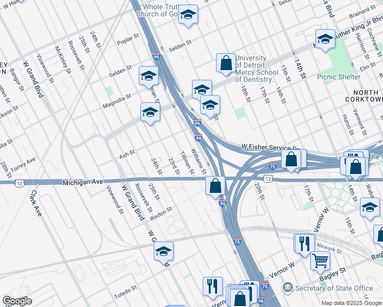 map of restaurants, bars, coffee shops, grocery stores, and more near 3005 Williams Street in Detroit